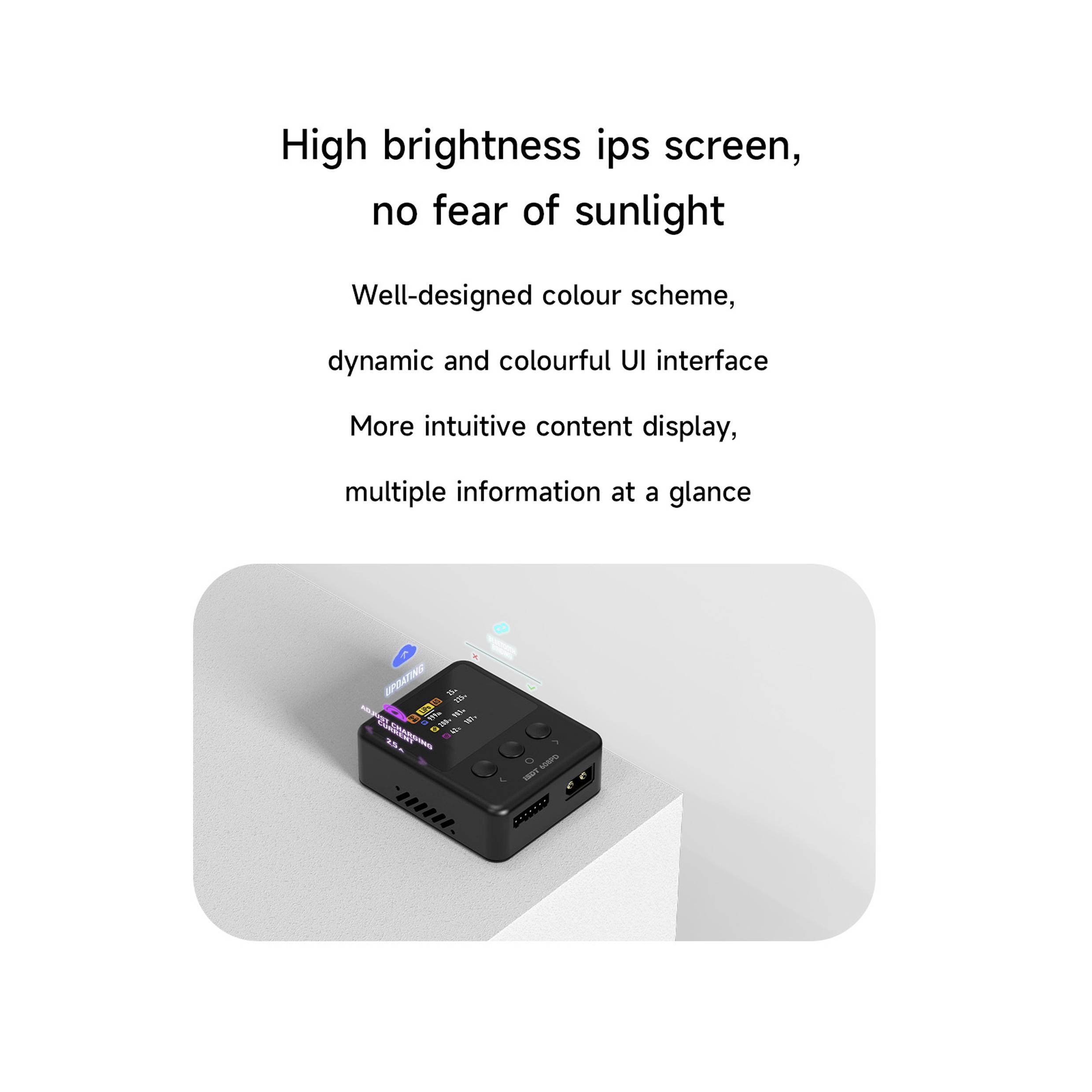 'Schwarze Box mit Knöpfen auf einem weißen Hintergrund. Text erläutert Funktionen wie helles IPS-Display und dynamische, farbenfrohe Benutzeroberfläche.'