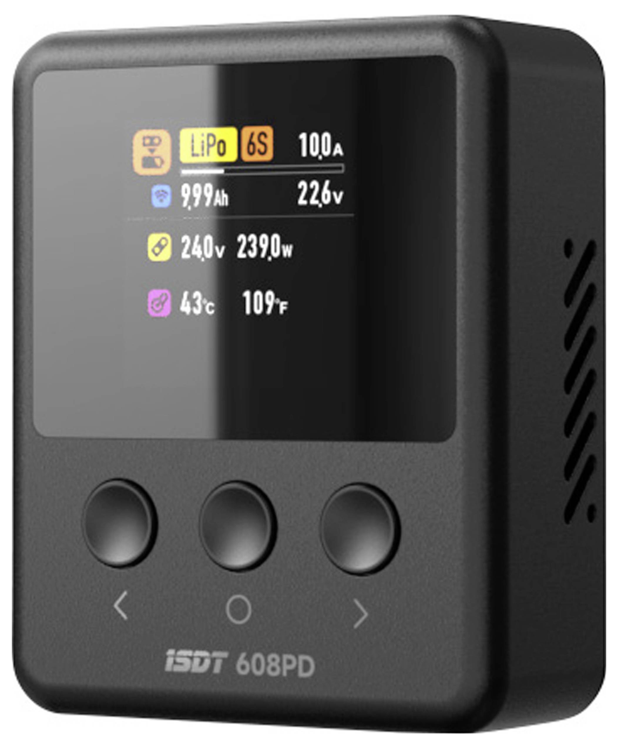 Ein Ladegerät mit digitalem Display, das Informationen zum Laden eines LiPo 6S Akkus anzeigt, einschließlich Spannung und Temperatur.