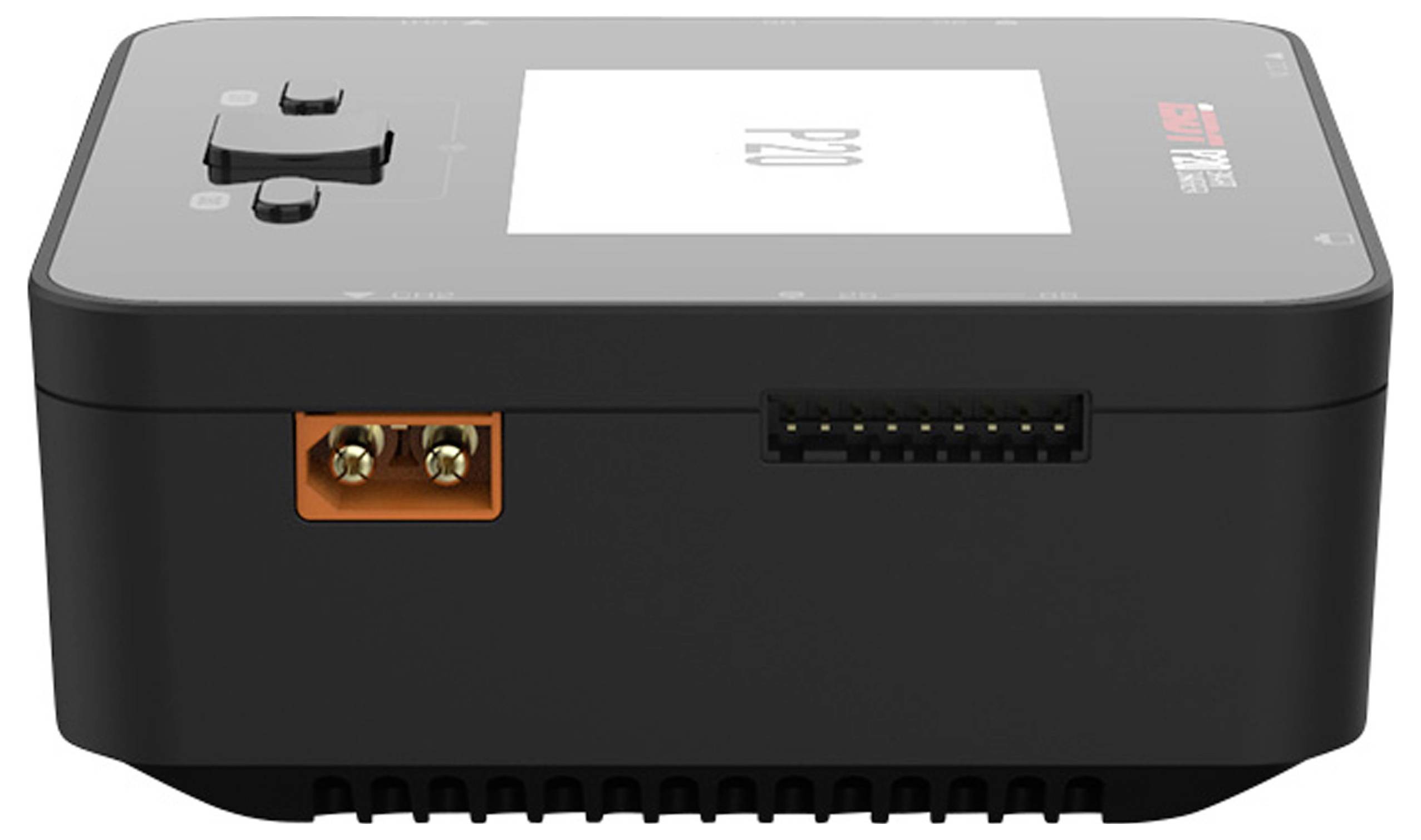 Schwarzes elektronisches Gerät mit Display und mehreren Anschlüssen an der Vorderseite, geeignet für technische Anwendungen.