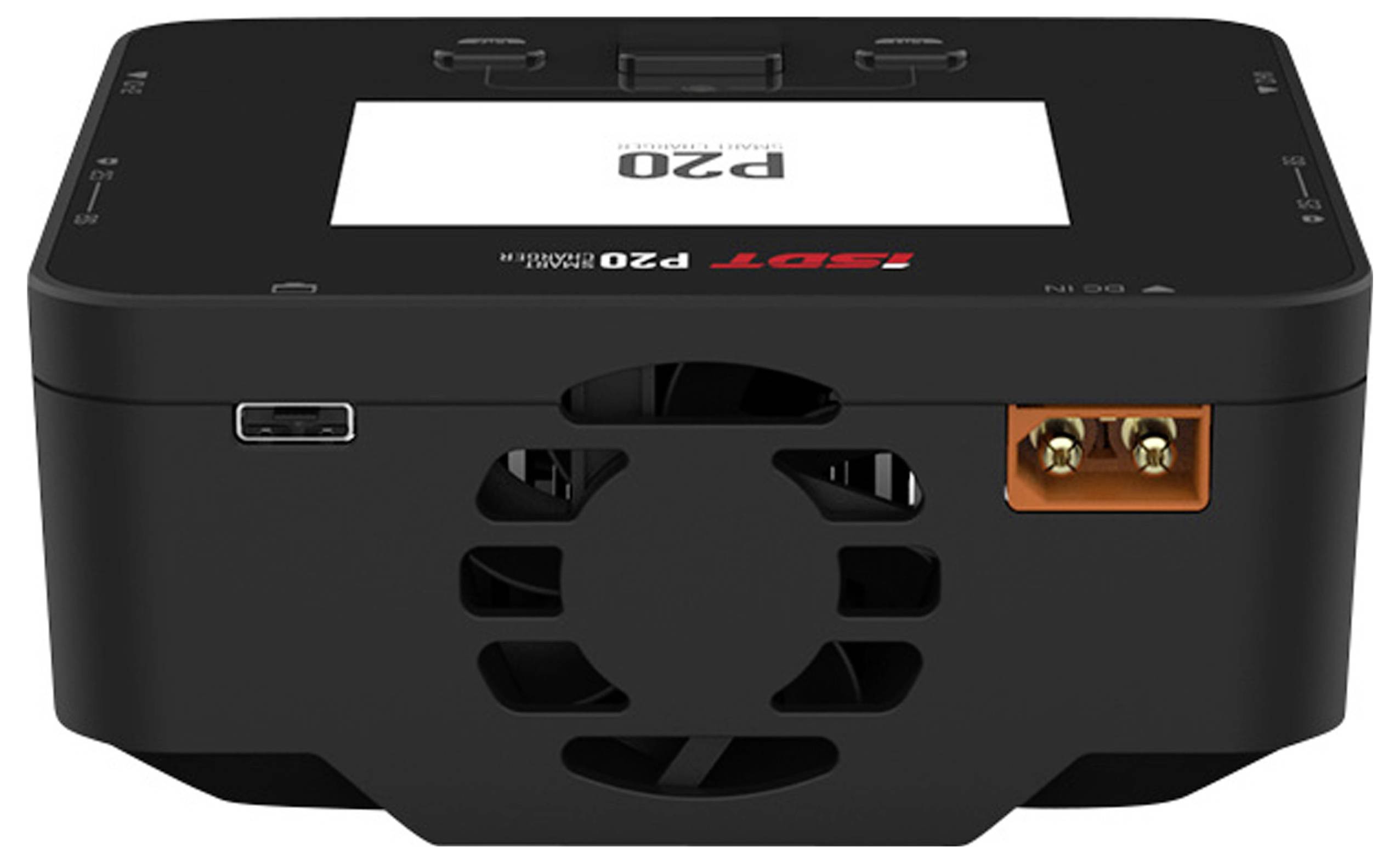 Ein schwarzes elektronisches Gerät mit der Aufschrift 'iSDT P20 Dual Charger', zeigt Anschlüsse und ein Belüftungsgitter auf der Vorderseite.