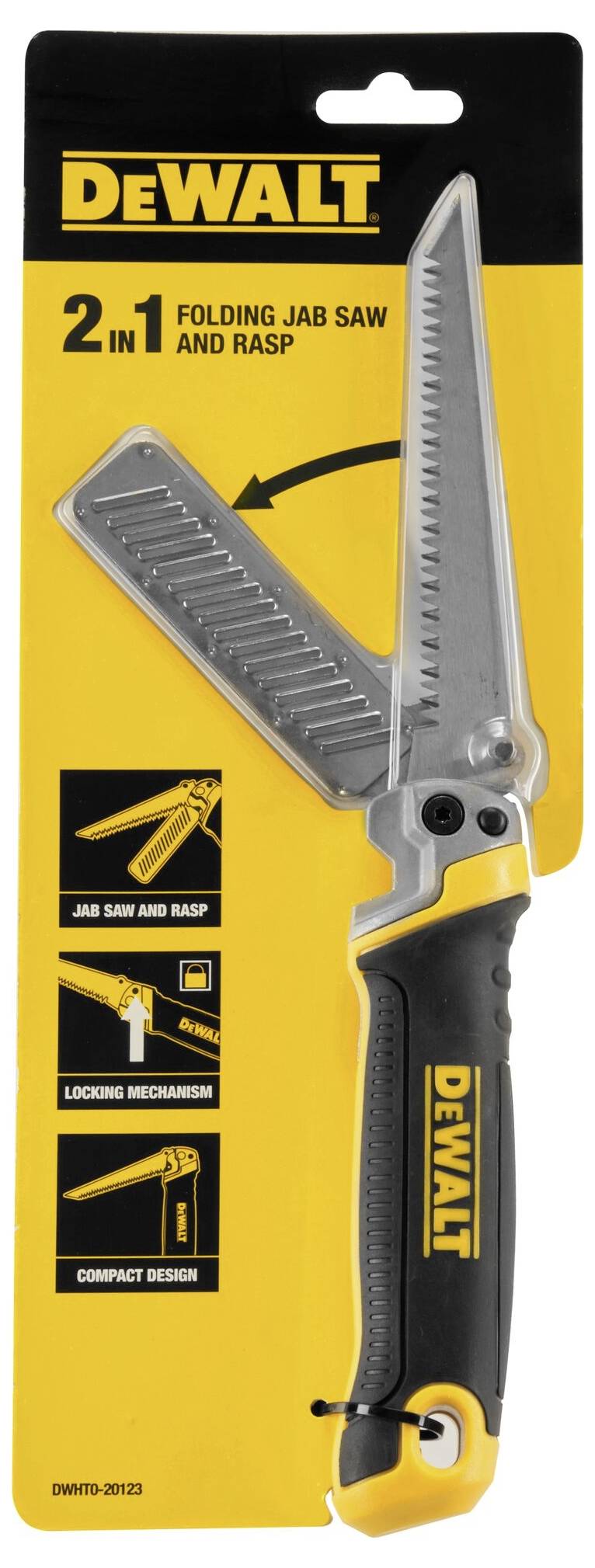 'DeWalt 2-in-1 Klappmesser und Raspel', Produktverpackung zeigt ein Klappmesser mit gelb-schwarzem Griff, Schwerpunkt auf Handhabung und kompaktes Design.