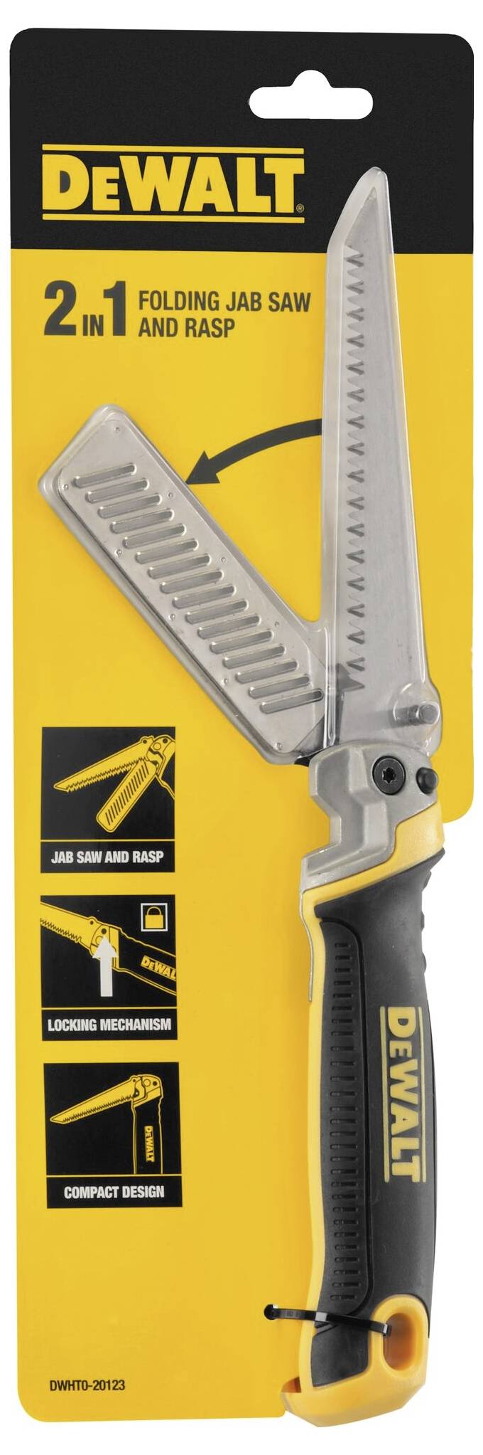 'DEWALT 2-in-1 Folding Jab Saw und Rasp' in gelber Verpackung. Zeigt Werkzeug mit geradem Sägeblatt und integriertem Raspel, zusammenklappbar.