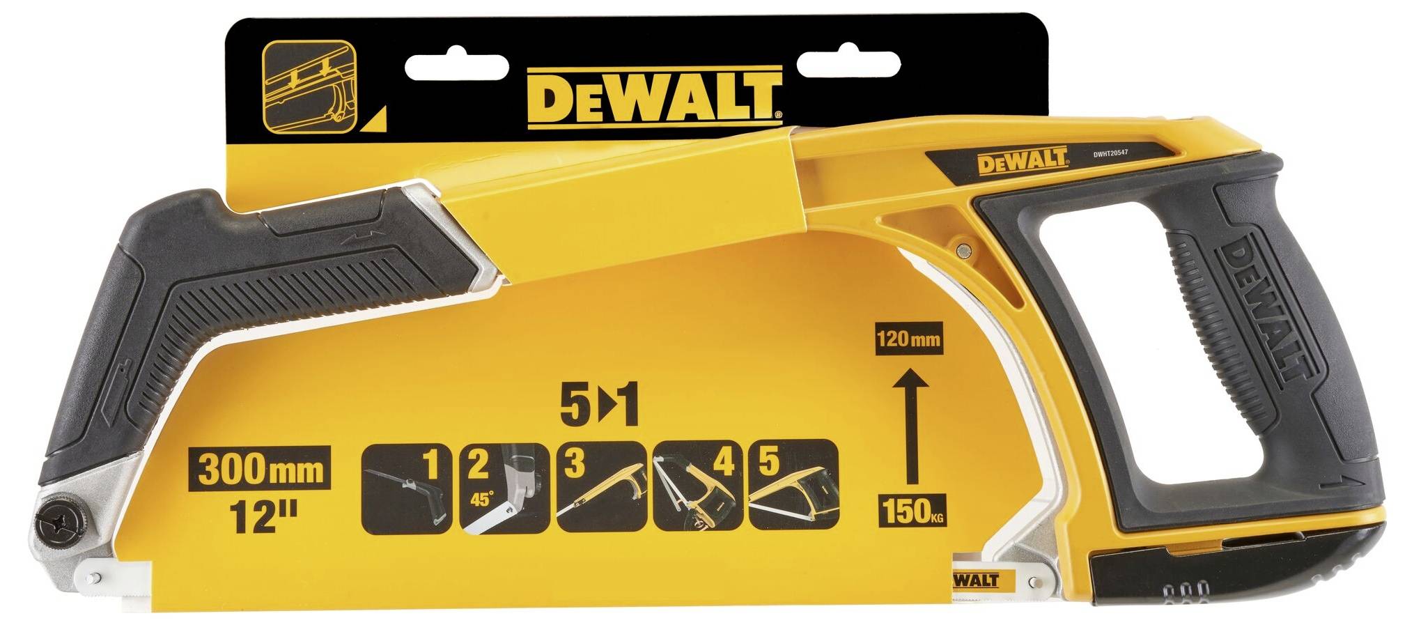 Handsäge 'DeWalt' mit ergonomischem Griff und einem Blatt, das für verschiedene Winkel einstellbar ist. Verpackung zeigt 5-in-1 Funktion.