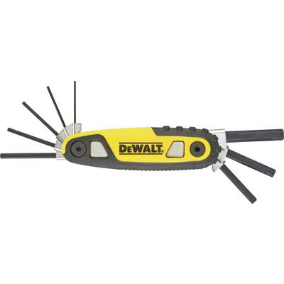 Ein gelbes und schwarzes Multifunktionswerkzeug der Marke DeWalt mit mehreren herausklappbaren Inbusschlüsseln in verschiedenen Größen.