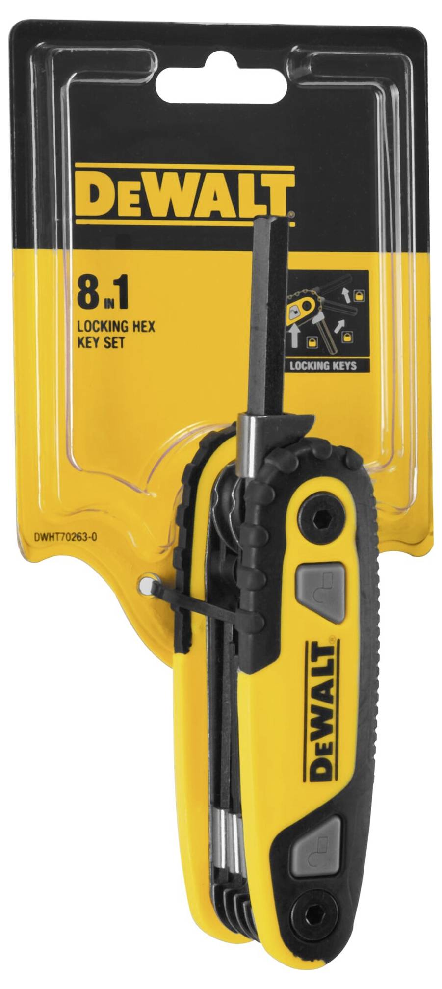 Ein 8-in-1-Inbusschlüsselset von DeWalt mit gelbem und schwarzem Griff, verpackt in Kunststoff, geeignet für verschiedene Schraubaufgaben.