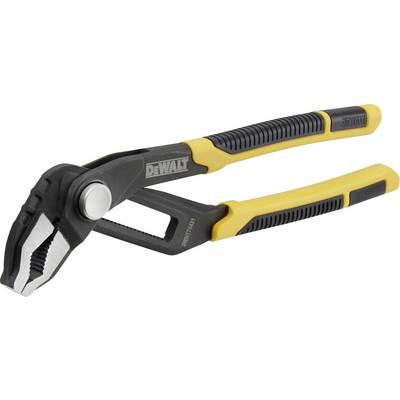Schwarz-gelbe Wasserpumpenzange von Dewalt mit verstellbarem Kopf und gezahnten Backen, geeignet für Arbeiten an Rohren und Schrauben.
