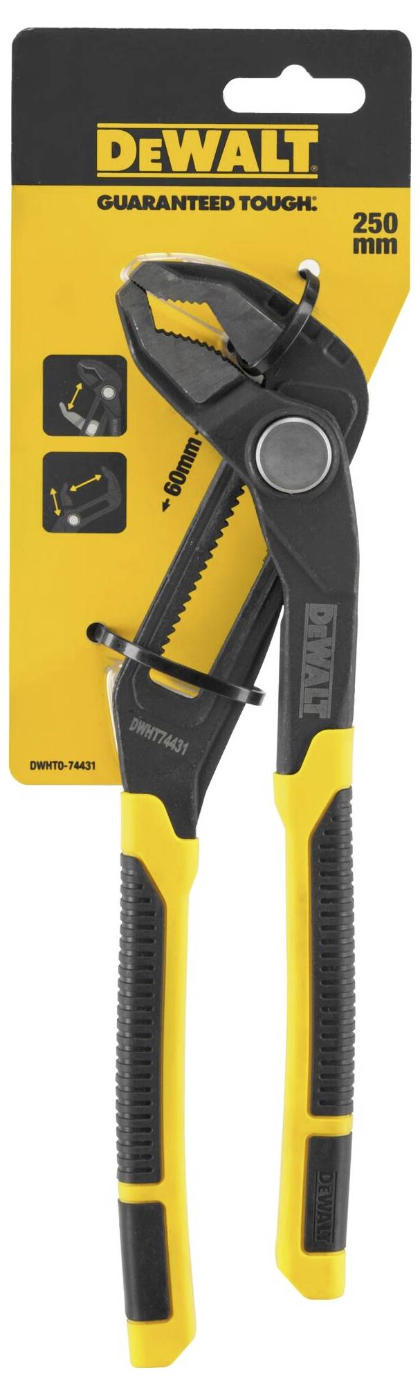 Verstellbare Zange von Dewalt, 250 mm Größe, vor gelber Verpackung mit Aufschrift 'Guaranteed Tough' und Informationspiktogrammen.