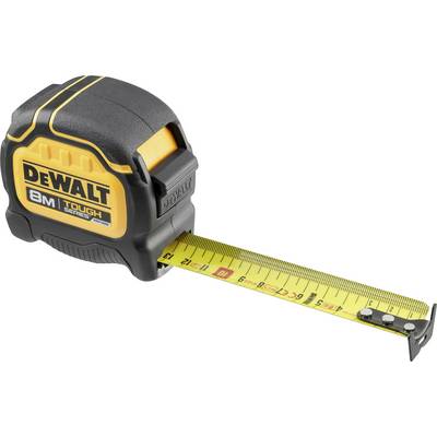Schwarzes und gelbes Maßband von 8 Metern Länge, ausgezogen auf etwa 30 Zentimeter. Marke 'DeWalt' auf dem Gehäuse sichtbar.