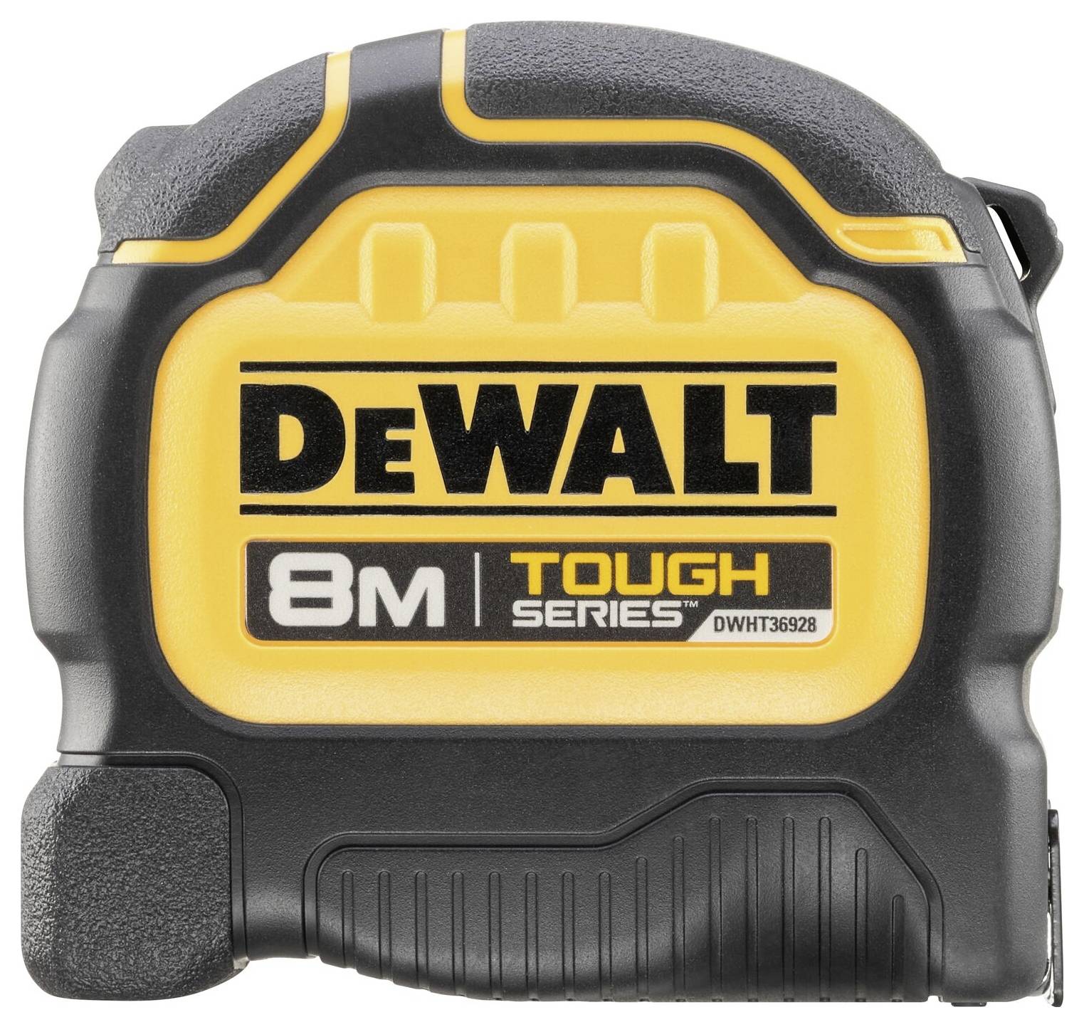 Ein robustes Maßband der Marke DeWalt, 8 Meter lang, aus der Tough Series, in Schwarz und Gelb.