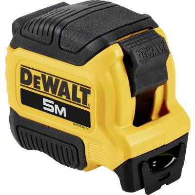 Ein gelbes 5-Meter-Maßband der Marke DeWalt mit schwarzem Gehäuse und Clip.