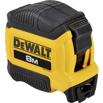 Gelbes und schwarzes Maßband von Marke Dewalt, mit 8 Meter Länge, robustem Design und gut lesbarer Skala auf der Vorderseite.