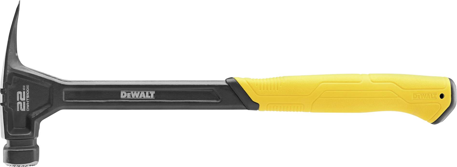 Ein schwarzer Hammer mit gelbem Griff und einer Marke auf dem Kopf. Der Griff ist ergonomisch geformt für besseren Halt.