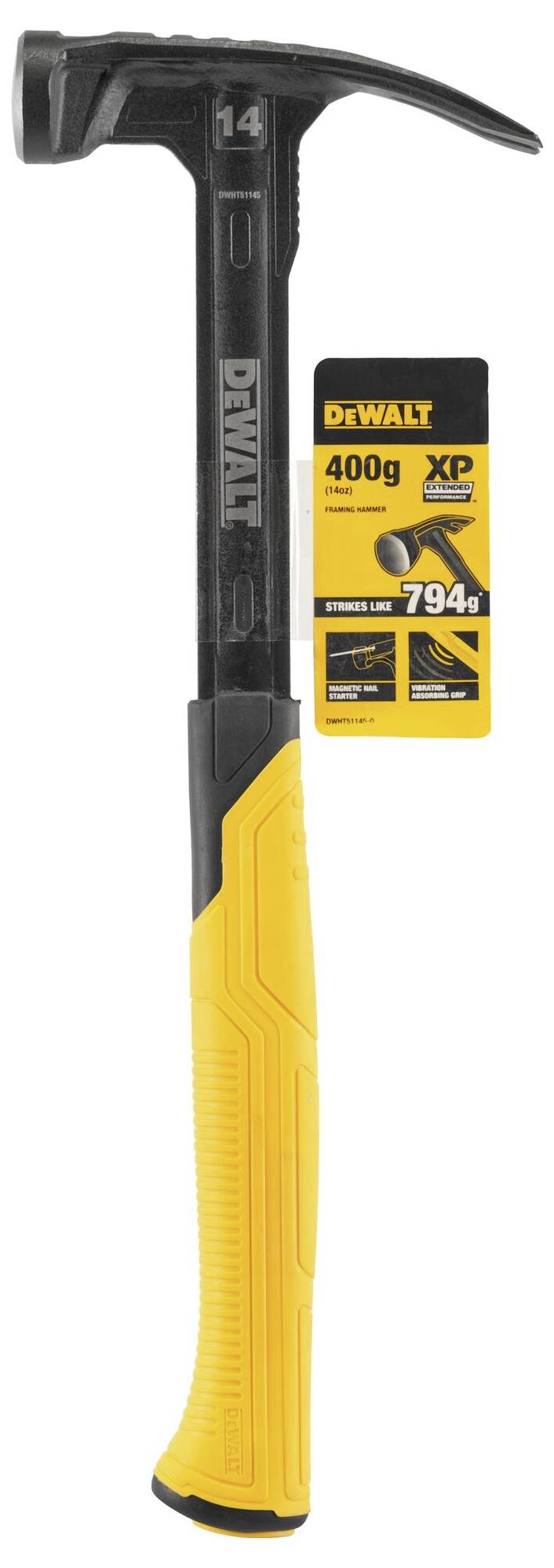 Ein gelber Hammer mit schwarzem Griff und der Aufschrift 'DEWALT', daneben ein Etikett mit Angaben '400g' und '794g'.