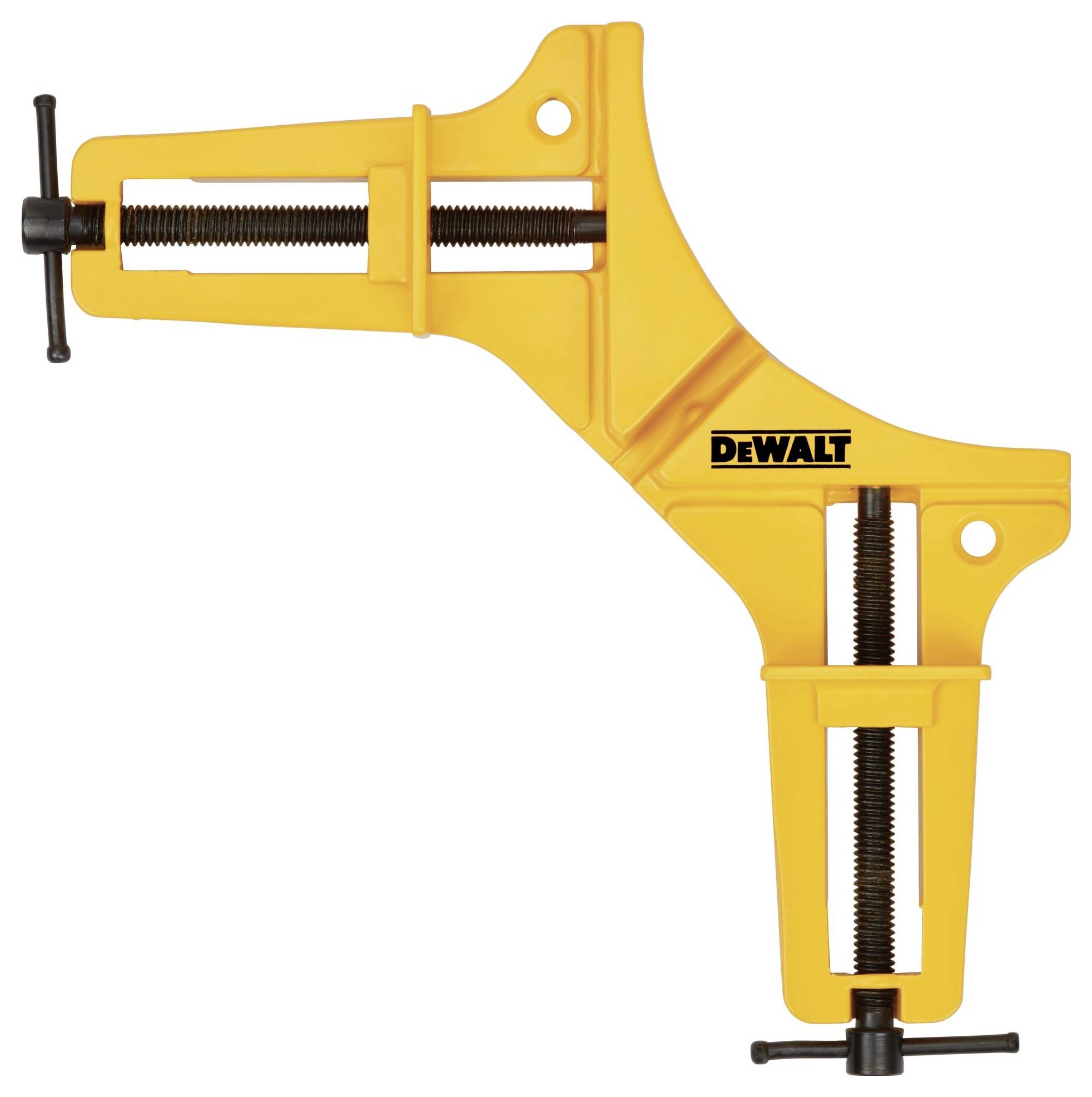 Eine gelbe DeWalt Klemmzange in L-Form, geeignet zum Halten von Materialien in einem 90-Grad-Winkel, mit drehbaren Schraubgriffen.