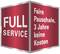 Rotes Schild mit Text 'FULL SERVICE, Faire Pauschale, 3 Jahre keine Kosten'.