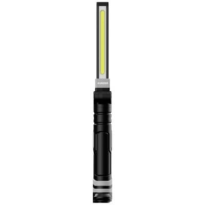 Eine schwarze LED-Taschenlampe mit länglichem Leuchtfeld in der Mitte, geeignet für vielseitige Beleuchtungszwecke.