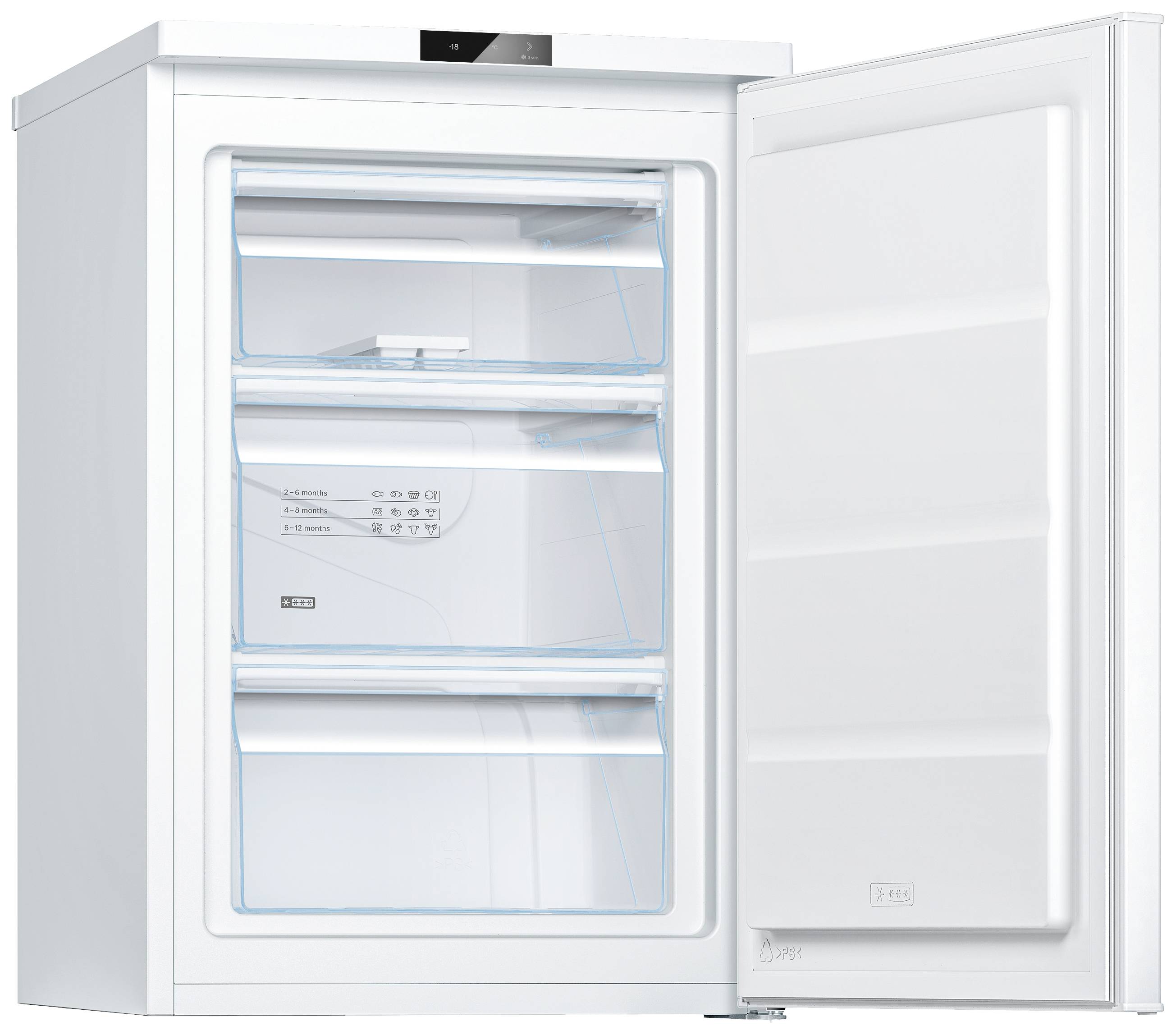Gefrierschrank mit drei transparenten Fächern und offener Tür. Fächer sind leer, Bedienfeld oben zu sehen.
