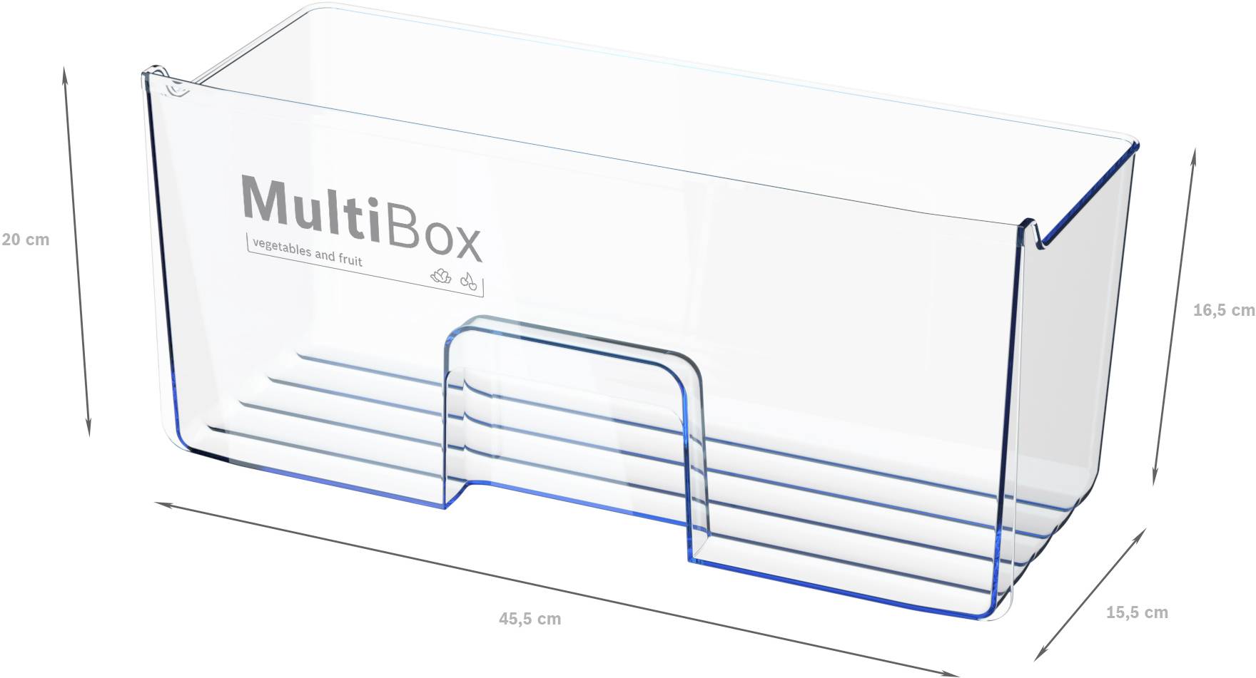 Kunststoffbehälter mit der Aufschrift 'MultiBox', verwendet für Gemüse und Obst. Abmessungen: 20 cm hoch, 15,5 cm tief, 46,5 cm breit.