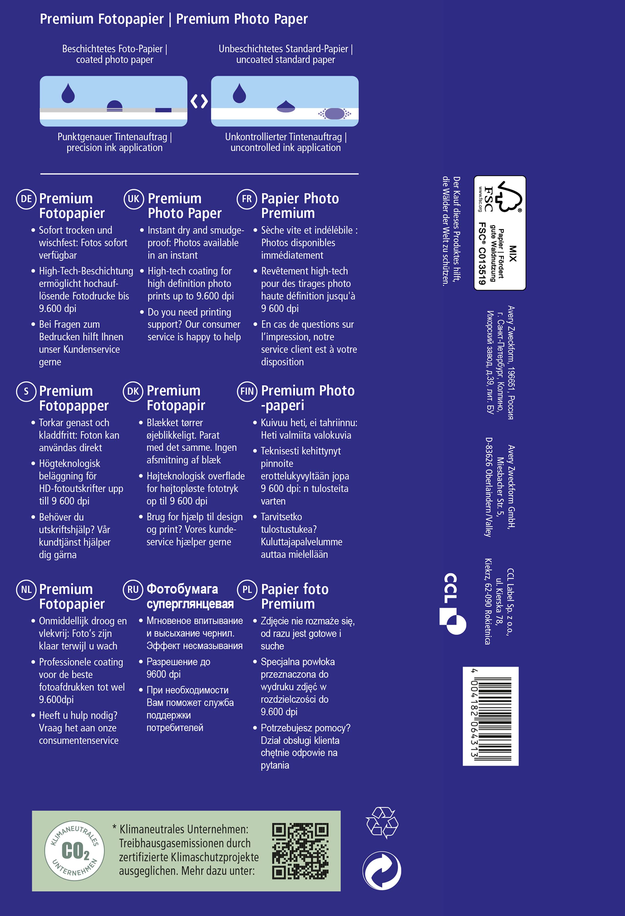 'Premium Fotopapier' Produktverpackung mit Informationen zu Funktionen und Anwendungen. Enthält QR-Code und Recycling-Symbole.