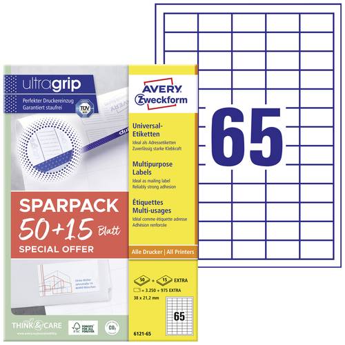 Thumbnail - Avery-Zweckform 6121-65 Universal-Etiketten 38 x 21.2 mm Papier Weiß 65 Blatt Permanent haftend Tintenstrahldrucker, Las...