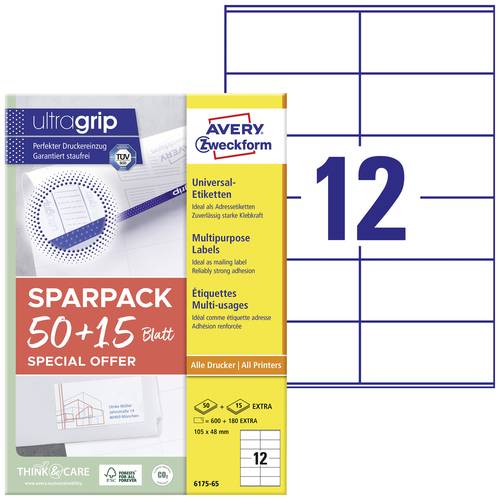 Thumbnail - Avery-Zweckform 6175-65 Universal-Etiketten 105 x 48 mm Papier Weiß 65 Blatt Permanent haftend Tintenstrahldrucker, Lase...