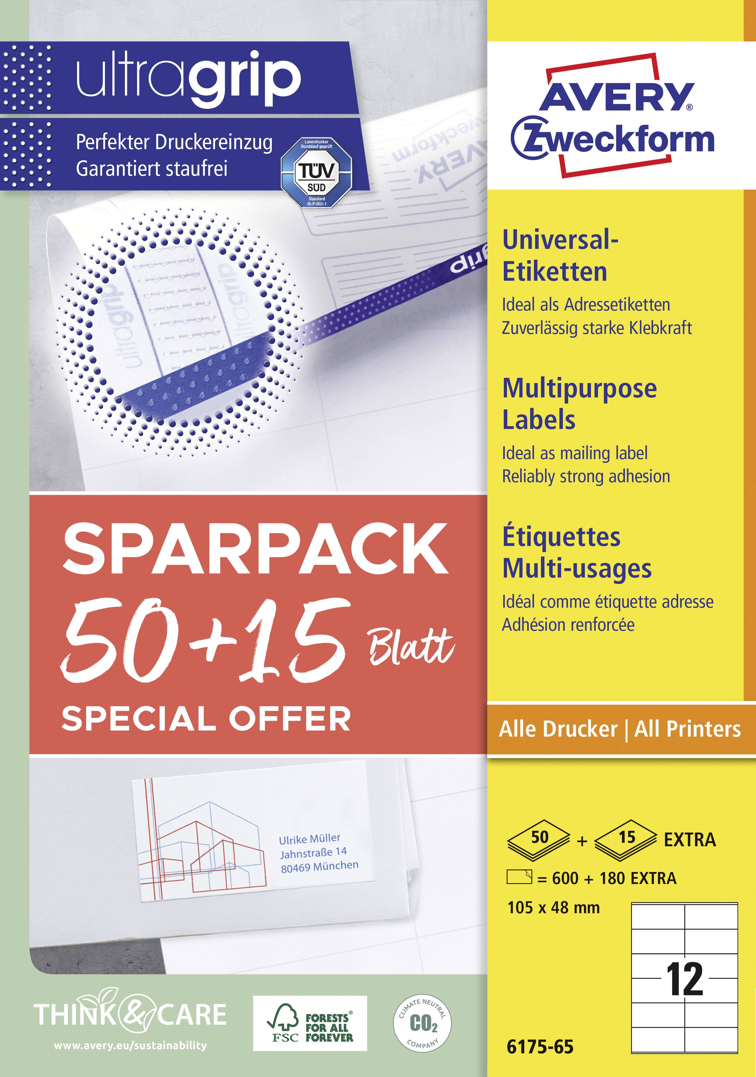 'UltraGrip Universal-Etiketten von Avery Zweckform, Sparpack 50+15 Blatt, ideal für Adressetiketten, kompatibel mit allen Druckern.'