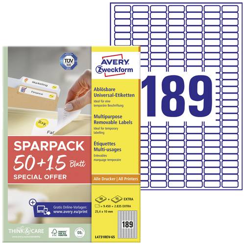 Avery-Zweckform L4731REV-65 Universal-Etiketten 25.4 x 10 mm Papier Weiß 65 Blatt Wiederablösbar Tintenstrahldrucker, La...