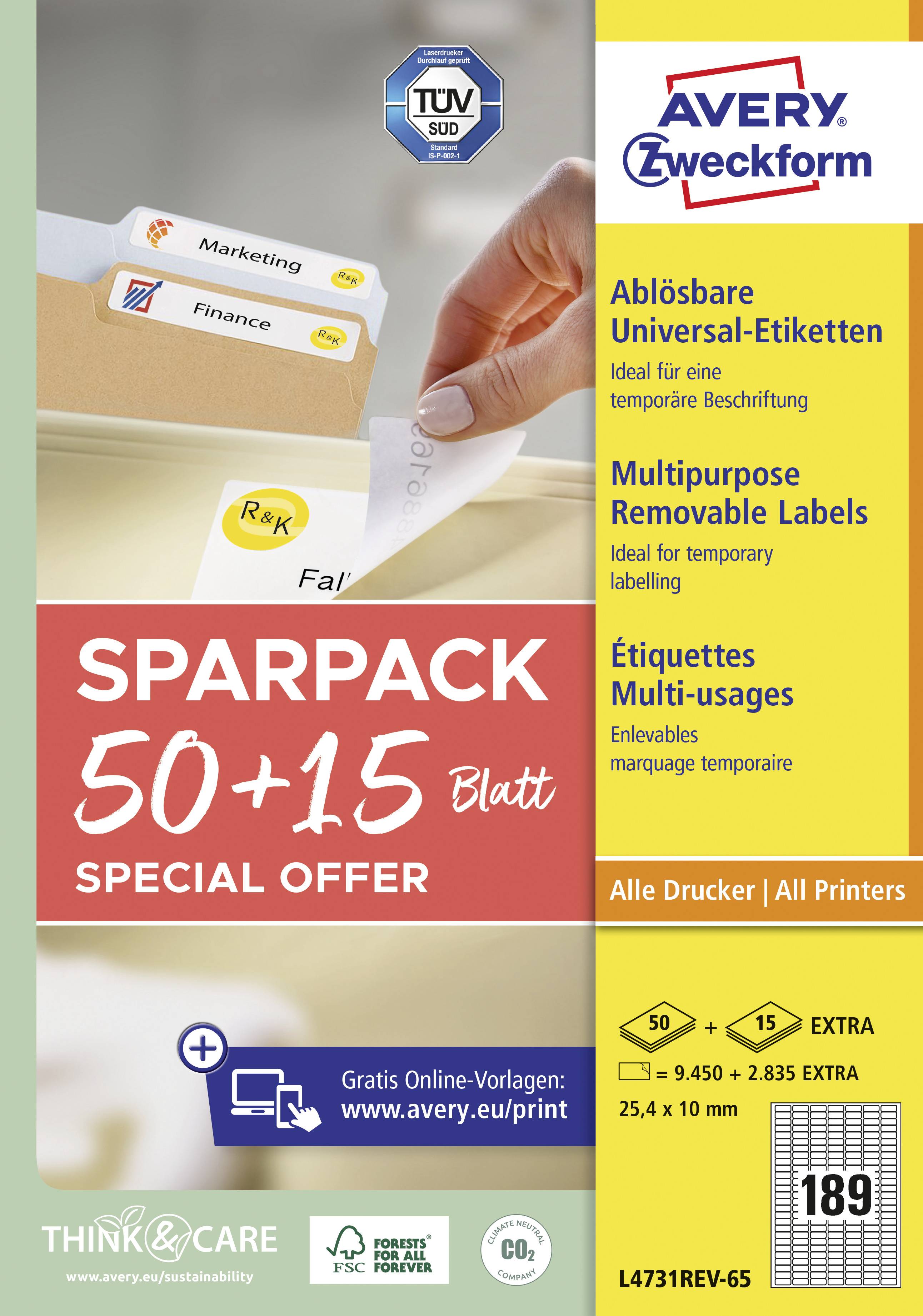 'Avery Zweckform Universal-Etiketten, Sparpack 50+15 Blätter. Geeignet für alle Drucker. Ideal für Büro und Organisation.'