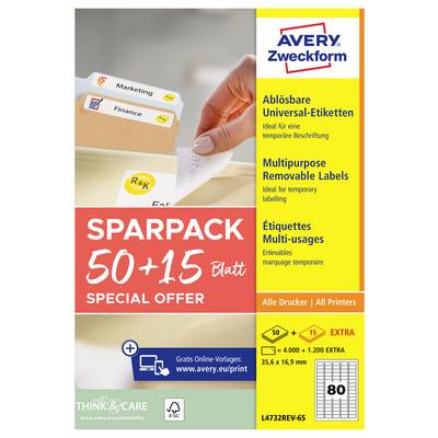 Avery Zweckform Mehrzweck-Etiketten ablösbar, Sparpack Sonderangebot 50+15 Blatt, für alle Drucker; 35,6 x 16,9 mm, 80 Etiketten pro Blatt.