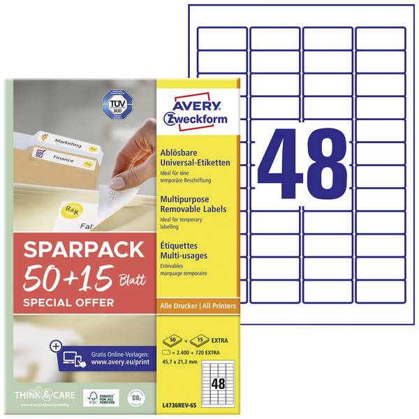 Avery-Zweckform L4736REV-65 Universal-Etiketten 45.7 x 21.2 mm Papier Weiß 65 Blatt Wiederablösbar Tintenstrahldrucker, Laserdrucker, Farblaserdrucker, Kopierer, Farbkopierer, Handbeschriftung