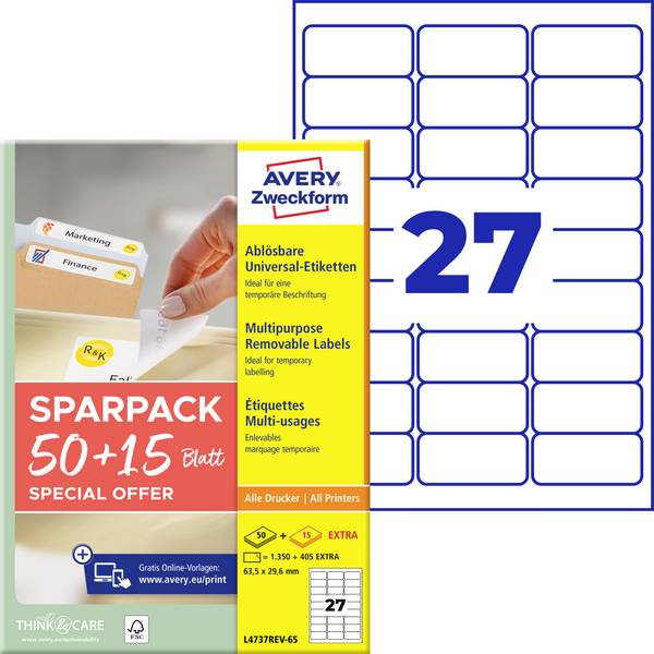 Avery-Zweckform L4737REV-65 Universal-Etiketten 63.5 x 29.6 mm Papier Weiß 65 Blatt Wiederablösbar Tintenstrahldrucker, Laserdrucker, Farblaserdrucker, Kopierer, Farbkopierer, Handbeschriftung
