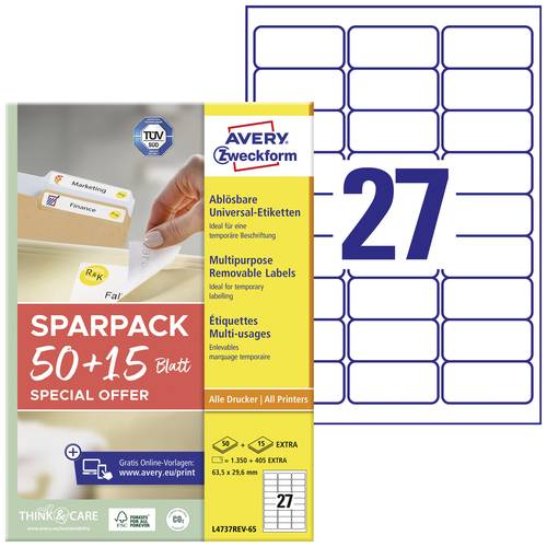 Thumbnail - Avery-Zweckform L4737REV-65 Universal-Etiketten 63.5 x 29.6 mm Papier Weiß 65 Blatt Wiederablösbar Tintenstrahldrucker, ...