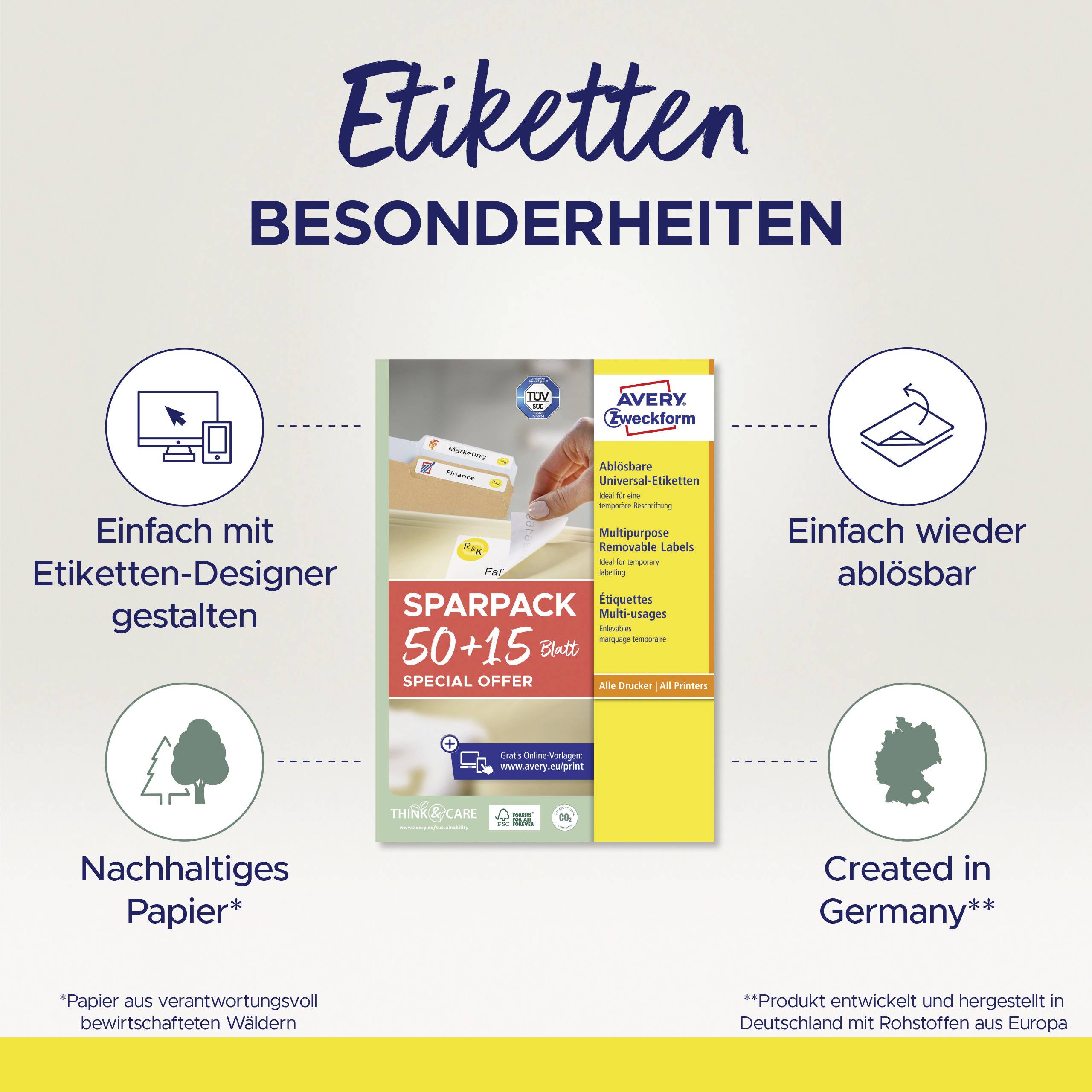 'Etiketten Besonderheiten': Abbildung zeigt ein SPARPACK von Avery Zweckform, einfach gestaltbar, leicht ablösbar, nachhaltig, hergestellt in Deutschland.