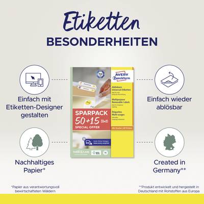 'Etiketten Besonderheiten': Abbildung zeigt ein SPARPACK von Avery Zweckform, einfach gestaltbar, leicht ablösbar, nachhaltig, hergestellt in Deutschland.