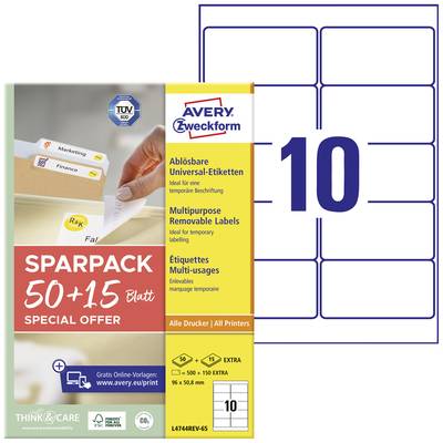 'Verpackung für Avery Zweckform ablösbare Universal-Etiketten, 65 x 38,1 mm, 10 pro Bogen, Insgesamt 50+15 Blatt. Sparpack.'