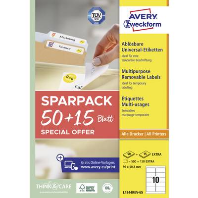 Etiketten-Verpackung mit 'Sparpack 50+15 Blatt Special Offer' und 'Avery Zweckform' Logo. Ideal für ablösbare Beschriftung.