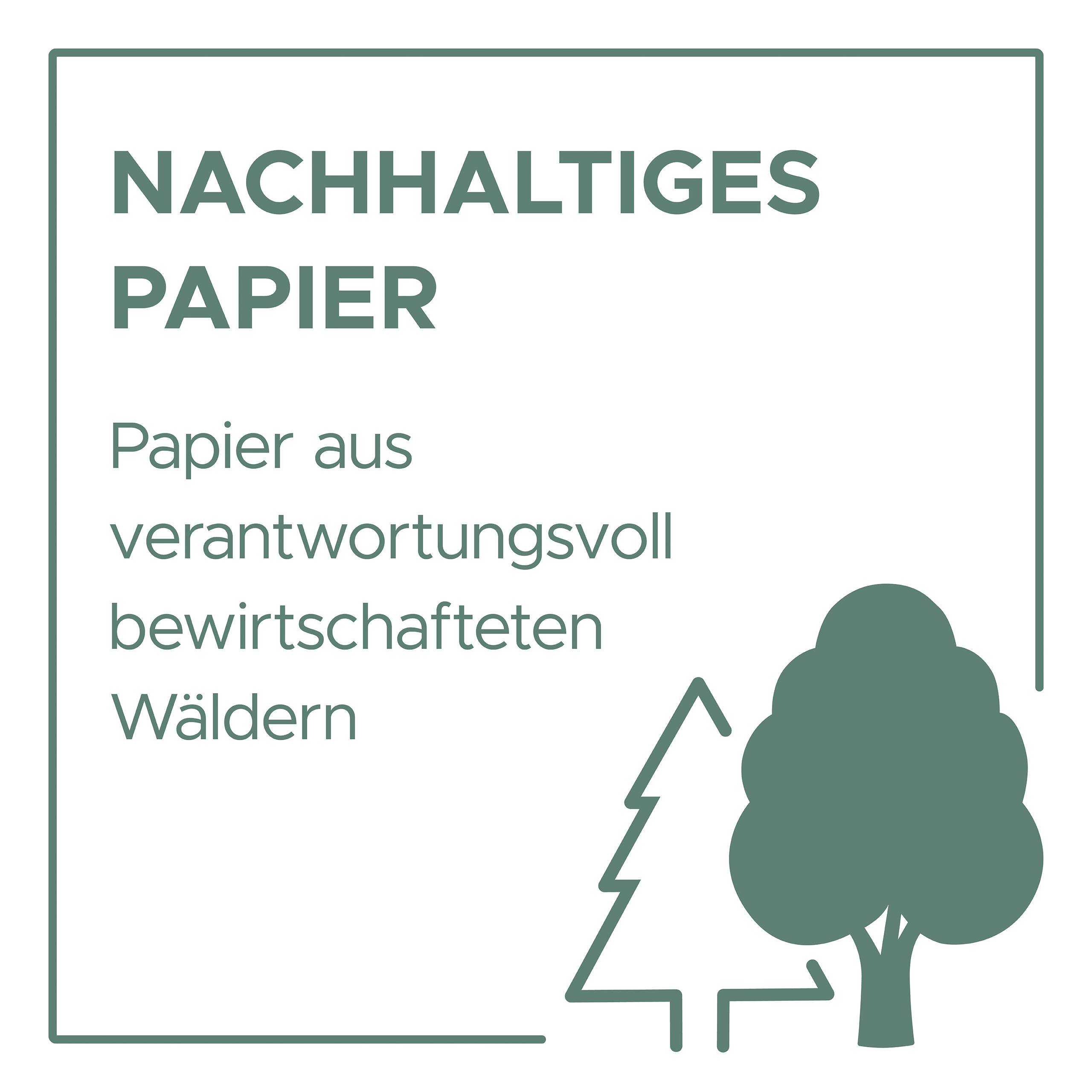 Nachhaltiges Papier, Papier aus verantwortungsvoll bewirtschafteten Wäldern, zeigt zwei stilisierte Bäume.