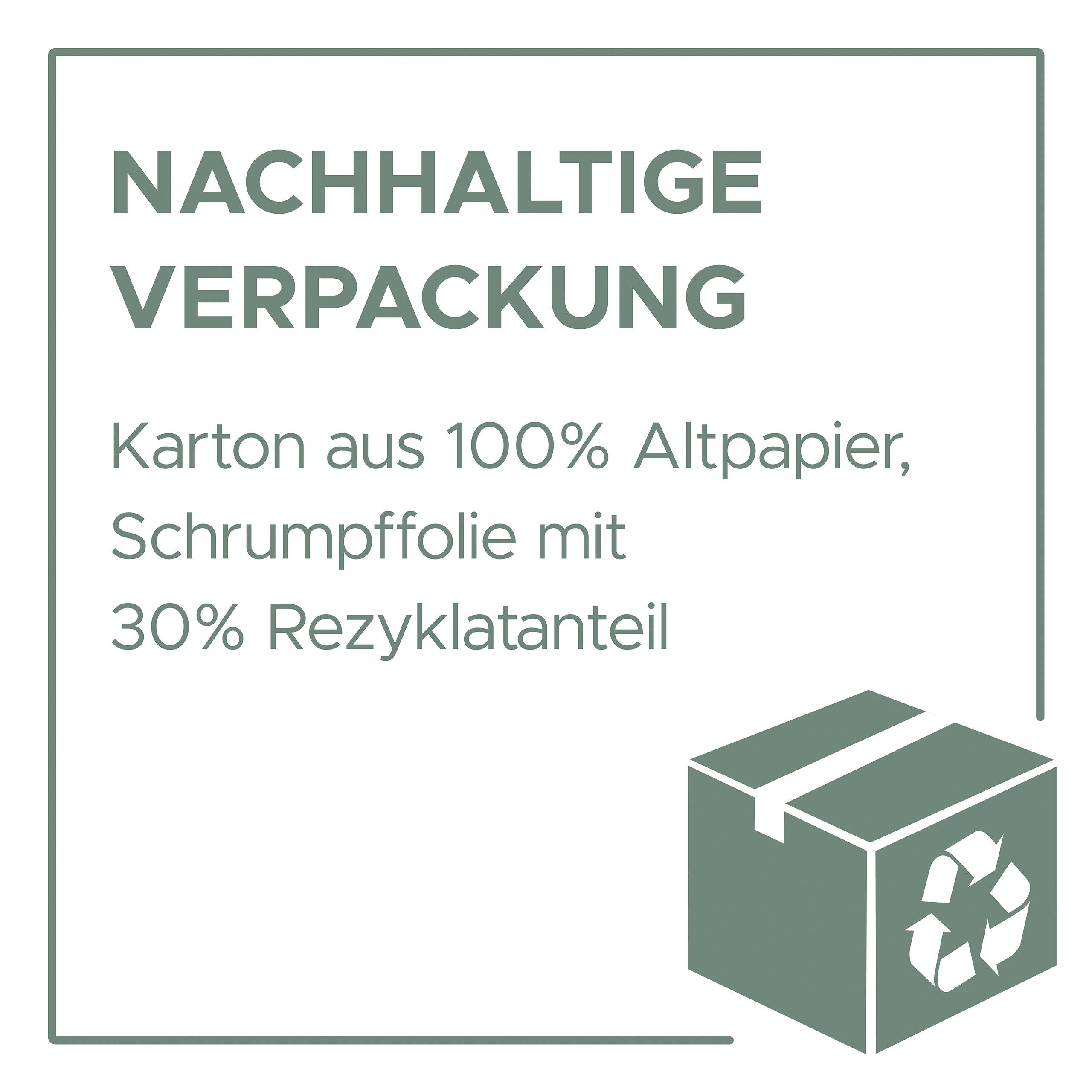 'NACHHALTIGE VERPACKUNG: Karton aus 100% Altpapier, Schrumpffolie mit 30% Rezyklatanteil.' Verpackungsdesign mit Recycling-Symbol.