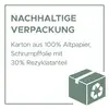 'NACHHALTIGE VERPACKUNG: Karton aus 100% Altpapier, Schrumpffolie mit 30% Rezyklatanteil.' Verpackungsdesign mit Recycling-Symbol.