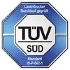 Das Bild zeigt ein TÜV SÜD-Siegel mit der Aufschrift 'Laserdrucker Durchlauf geprüft' und 'Standard IS-P-002-1'.