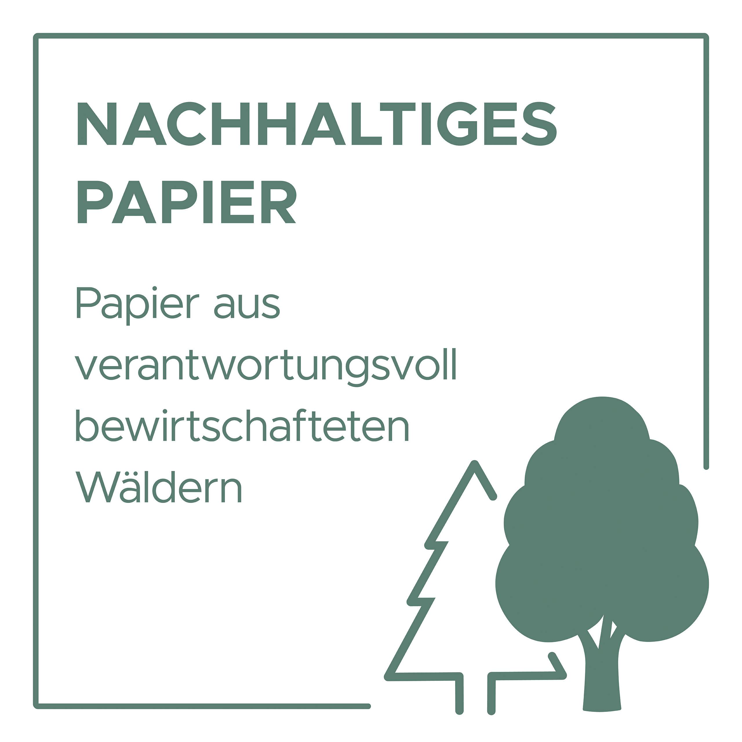 Nachhaltiges Papier: Papier aus verantwortungsvoll bewirtschafteten Wäldern. Darstellung von Bäumen rechts.