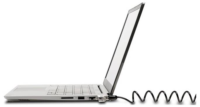 Ein geöffneter Laptop mit schwarzem Kabel an der Seite, das in Form einer Spirale ausläuft.