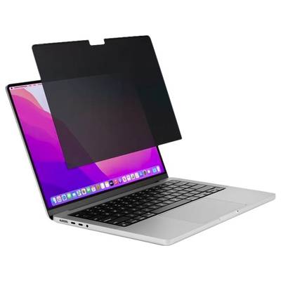 Ein Laptop mit geöffnetem Bildschirm zeigt den Desktop. Ein Sichtschutzfilter ist vor dem Bildschirm positioniert, um Privatsphäre zu gewährleisten.