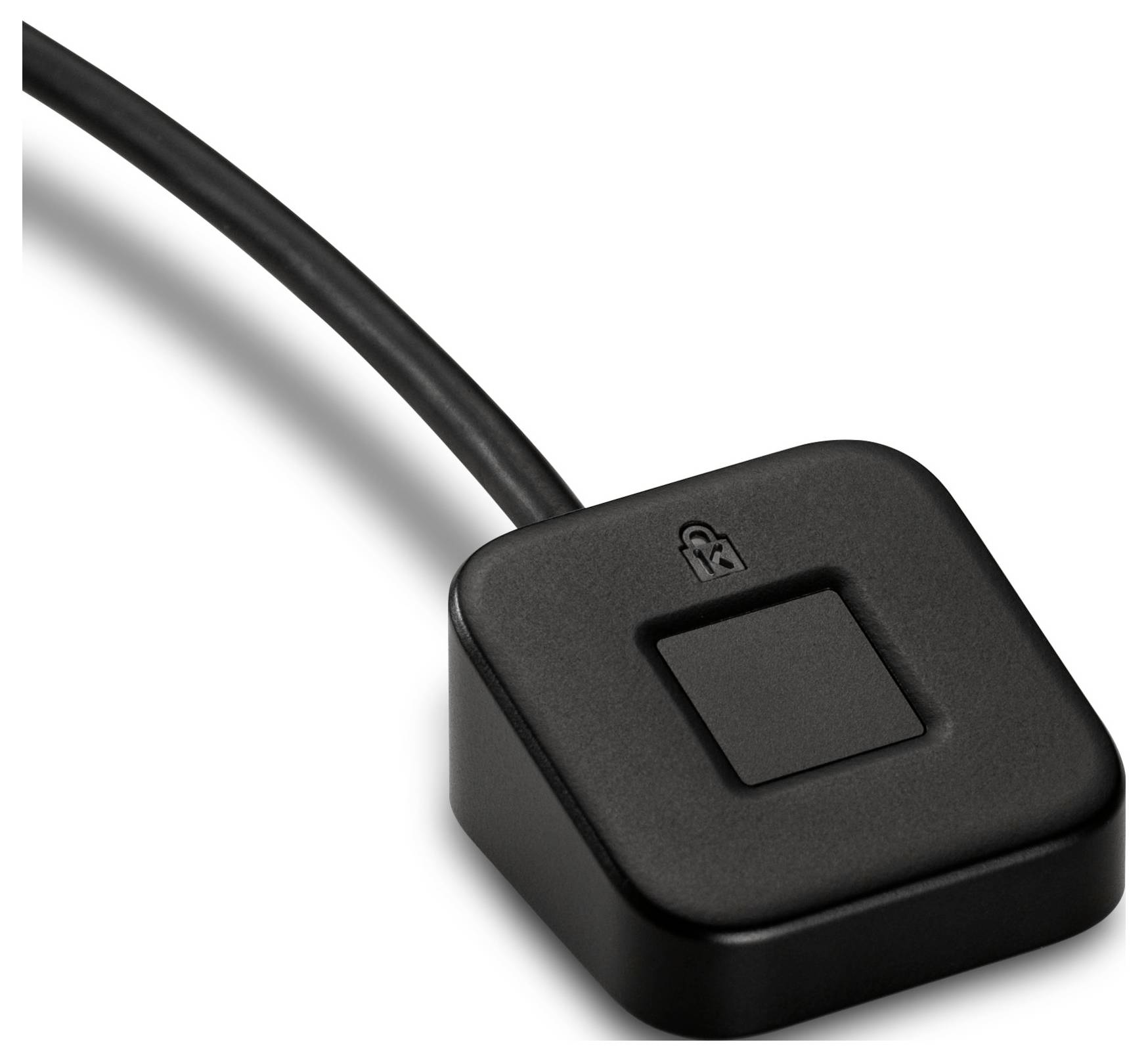 Ein schwarzes USB-Kartenlesegerät mit einem quadratischen Sensor auf der Oberseite und einem kurzen Kabel. Geeignet für mobile Zahlungen.