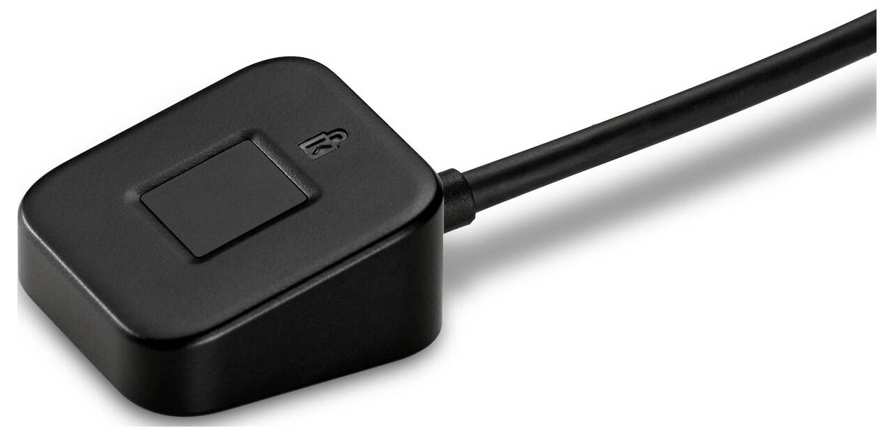 Schwarzes quadratisches Gerät mit Kabel, möglicherweise ein Kartenleser oder elektronisches Zubehörteil.