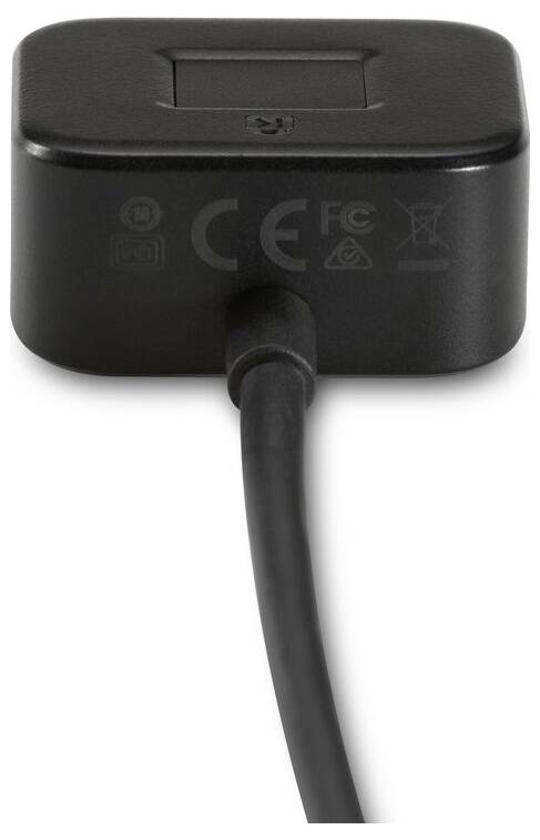 Ein schwarzes USB-Ladegerät mit Kabel und CE-Kennzeichnung.