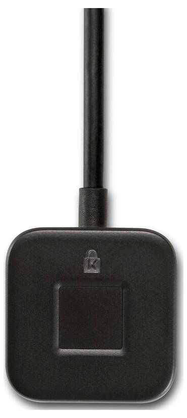 Ein rechteckiges, schwarzes elektronisches Gerät mit einem kurzen Kabel und einem Symbol auf der Vorderseite.