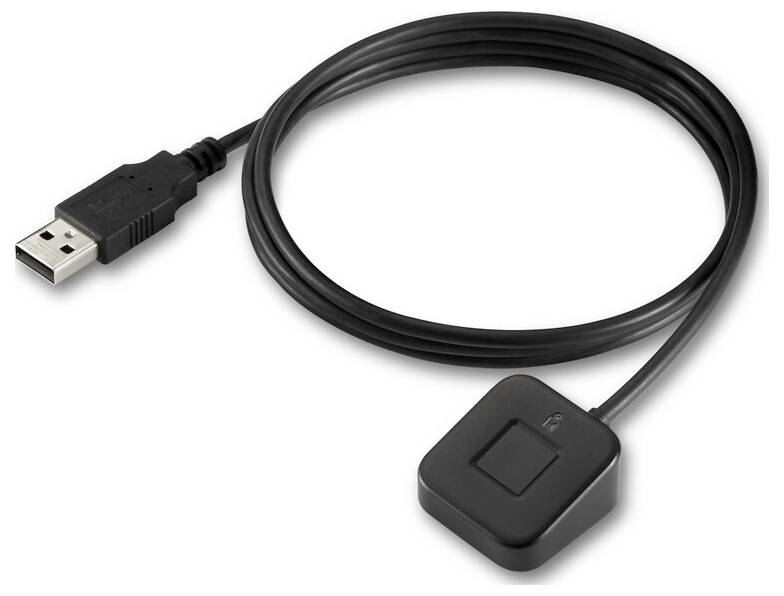 Ein schwarzes USB-Kabel mit einem rechteckigen, schwarzen Adapter am Ende.