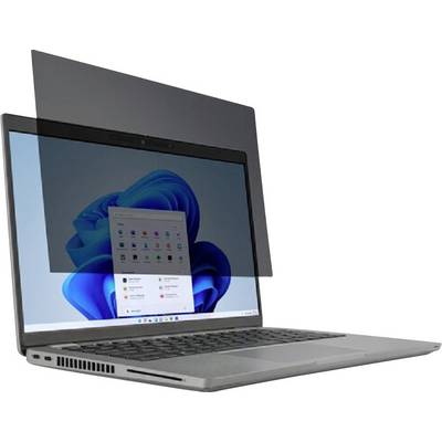 Laptop mit geöffnetem Bildschirm zeigt ein Betriebssystem-Startmenü; ein Blendschutz ist angebracht, um Blendung zu reduzieren.