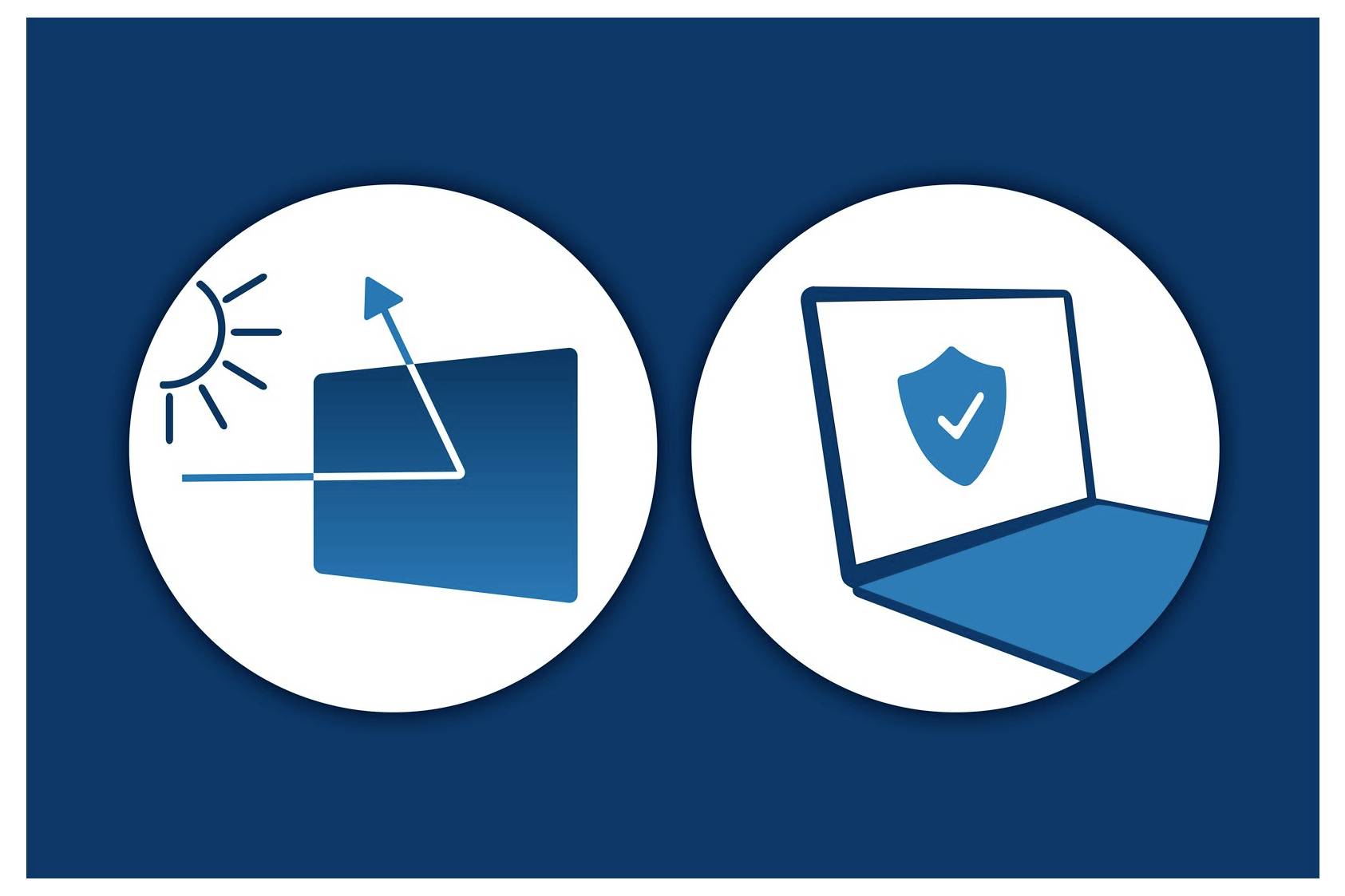 'Zwei Symbole: links reflektiert ein Bildschirm Sonnenlicht, rechts zeigt ein Laptop mit einem Sicherheitsschild-Symbol auf dem Display.'
